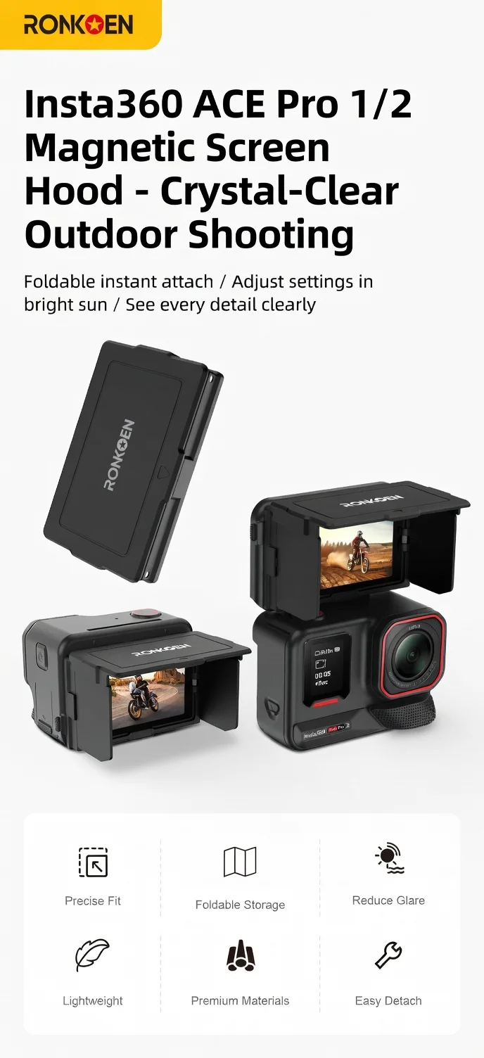 RONKOEN Für Insta360 Ace Pro 2/Pro SR-ARC-1 Magnetische Sonnenblende Faltbarer Blendschutz Bildschirmabdeckung Snap-On Sportkamera-Zubehör – Detail 1