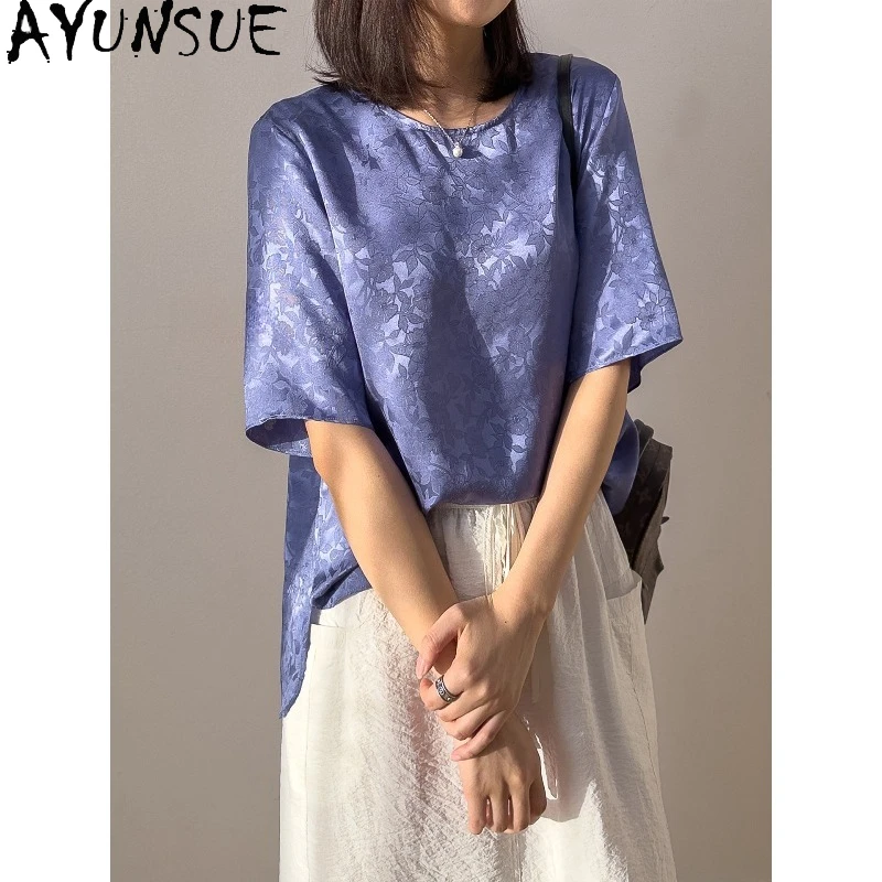 

AYUNSUE 100% Silk Women's T-shirts Short Sleeve Tops for Woman Chinese Style Loose T Shirt Summer Clothes Woman 2026 Ropa Mujer