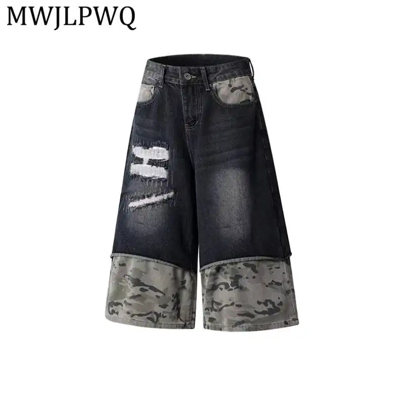 

MWJLPWQ American Retro Camouflage Patchwork Distressed Denim Shorts For Men Women Trendy Loose Wide-Leg Cropped Pants 16979