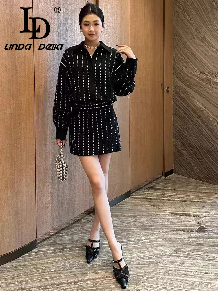 LD LINDA DELL Little black dress shirt with lapel, long sleeved, rhinestone studded, commuting casual fashion dress
