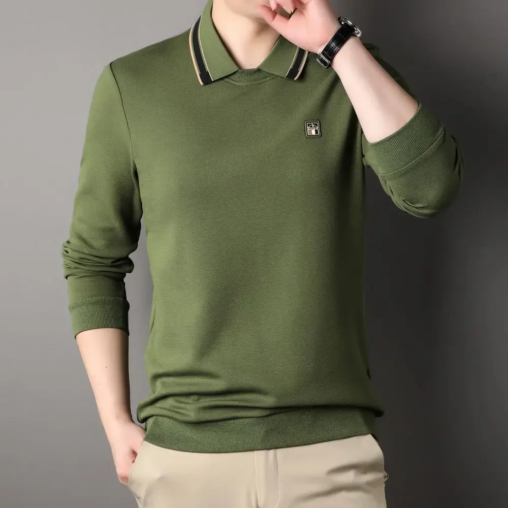 Men's Solid Color Cotton Lapel Long Sleeve T-shirt Business Casual Top Skin Friendly Comfortable Hatless Hoodies W5863