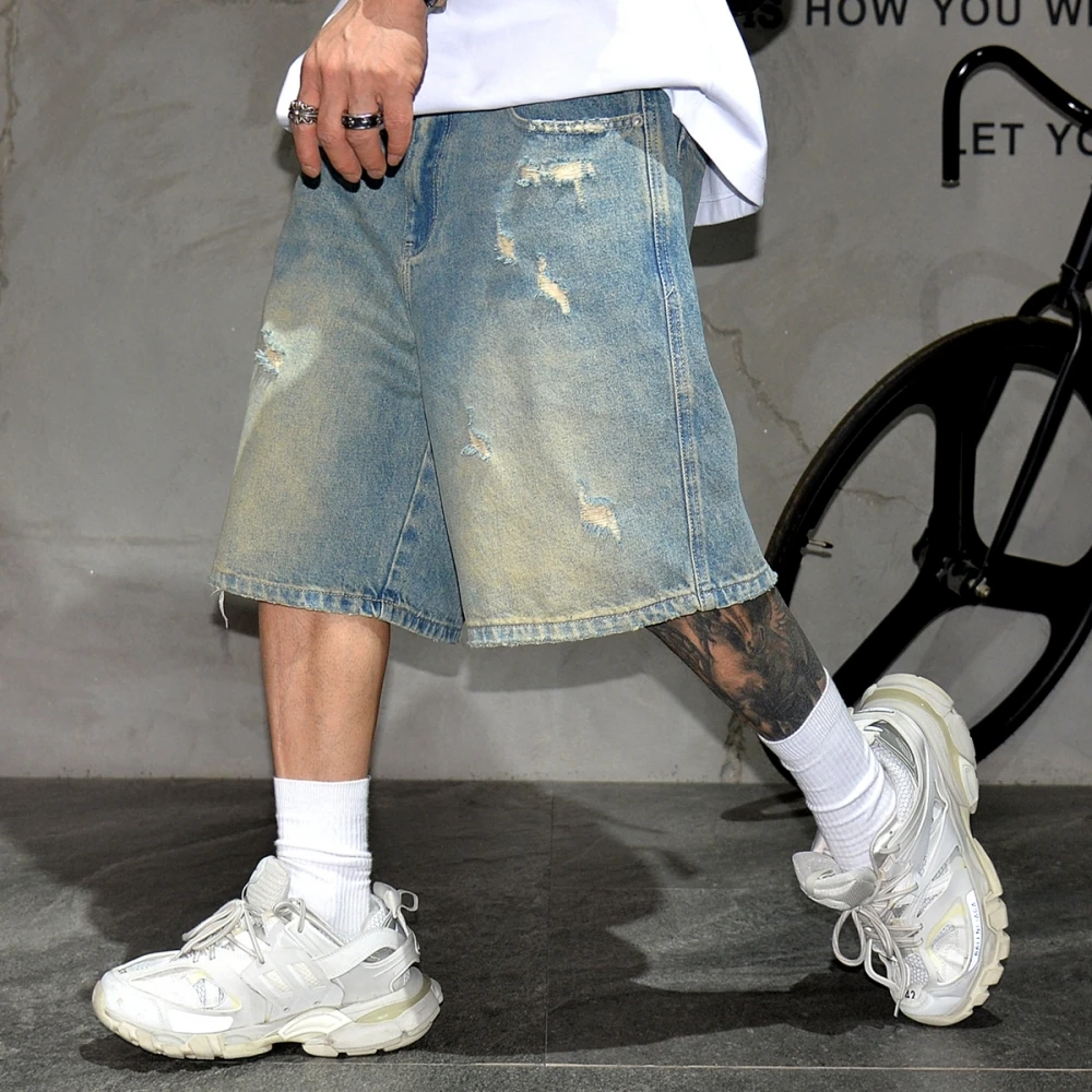 Korean Vintage Distressed Jorts Men Clothing Hip Hop Ripped Denim Shorts Streetwear Baggy Jeans Summer Harajuku Casual Shorts