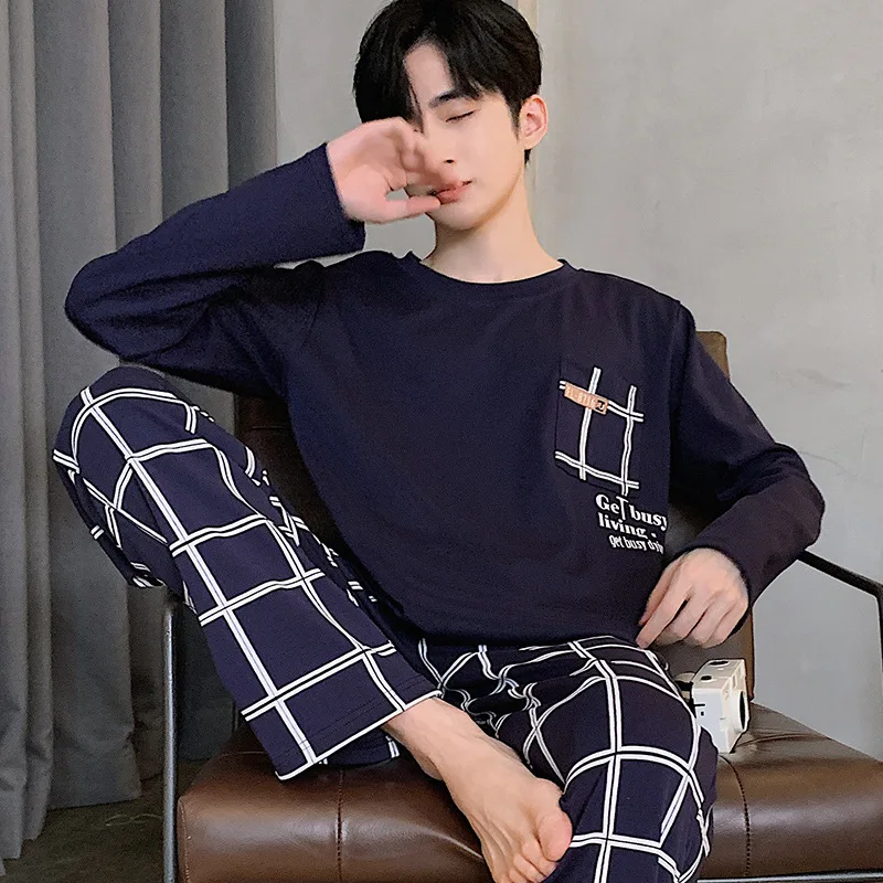 3XL Plus Size Korean Men Pajamas Set Autumn Spring Long-Sleeved Trousers Homewear Youth Nightwear Two-Piece Sleepwear Loungewear