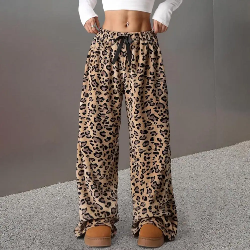 Loose Fit broek Luipaardprint Loungebroek met elastische tailleband Trekkoord voor dames Zachte broek Pyjamabroek Wijde pijpen