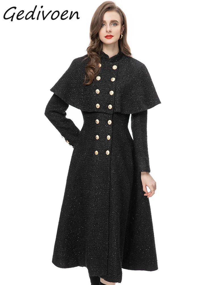 

Gedivoen Winter Fashion Runway Black Vintage Thick Blends Coat Women Turtleneck Ruffles Button High Waist Slim Long Blends Coat