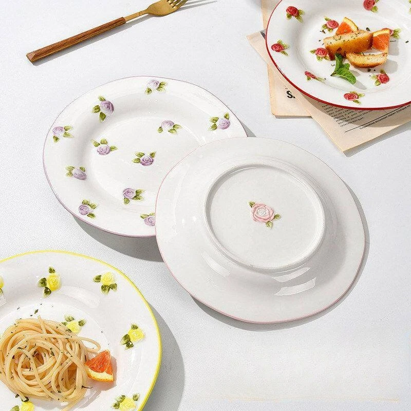 Hand Painted Floral Relief Ceramic Plate,Retro Strawberry Dinner Plate,Salad Dessert Plate Curry Pasta Dish Crockery Dinnerware