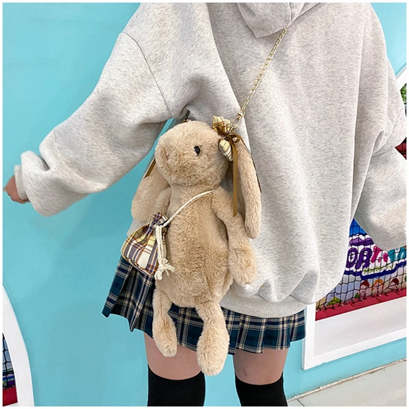 Kawaii peluş tavşan basit omuz çantası karikatür kabarık Crossbody çanta yaratıcı askılı çanta kız çocuklar sırt çantası