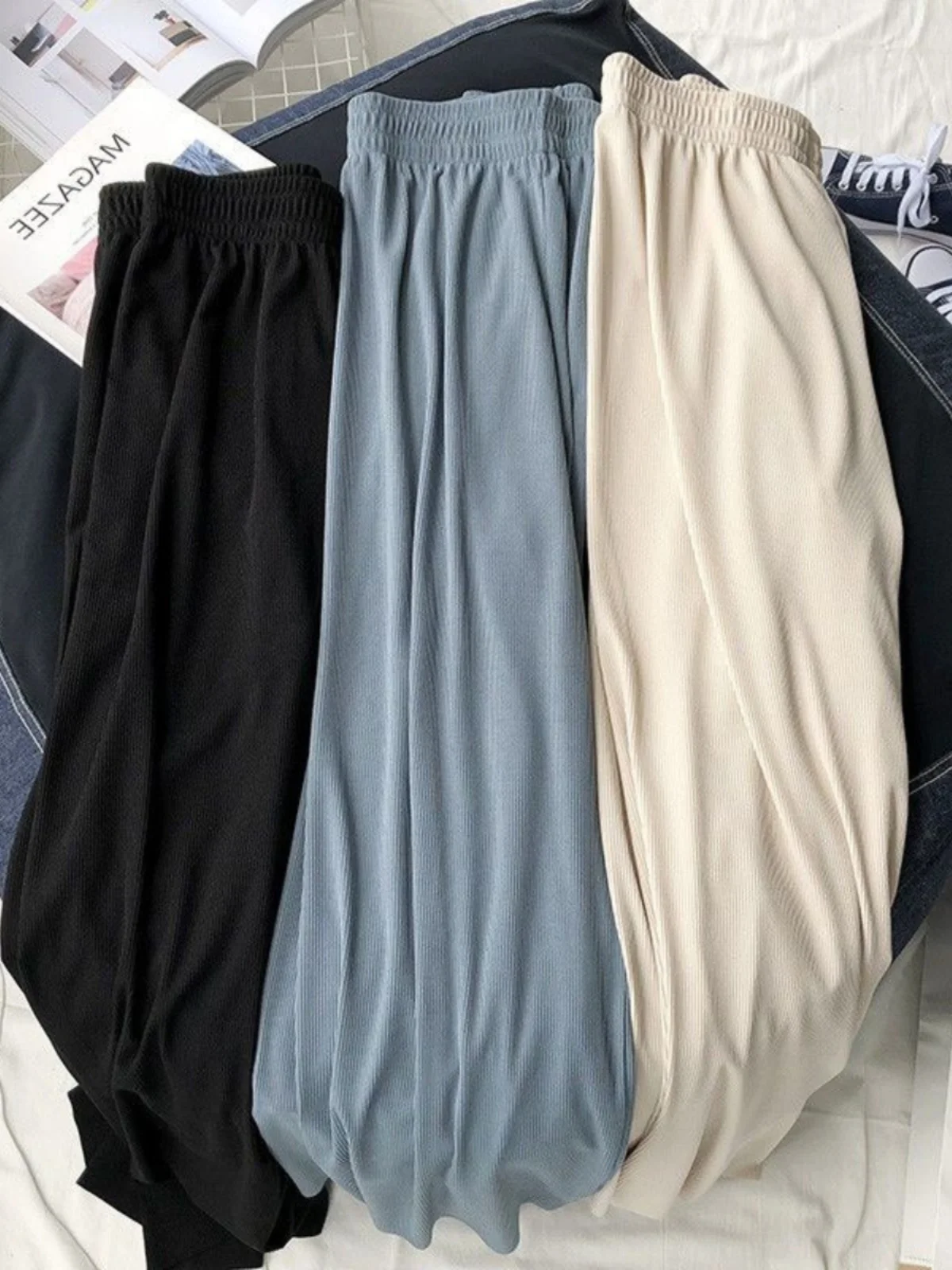 

Большие размеры, свободные брюки из ледяного шелка с высокой талией, широкие брюки прямого кроя, повседневные брюки с девятью точками для женщин, летние тонкие брюки