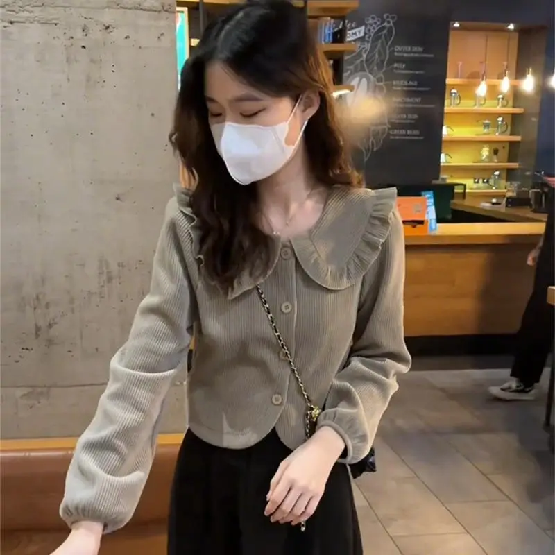 

Girls Corduroy Shirt Doll Collar Base Layer Top Women's Fashion Design Sensation Autumn Winter Inner Wear Slim Fit Six Sleeve
