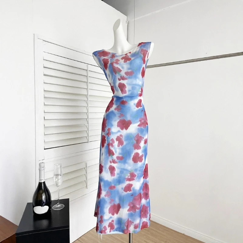 

Jiuwu Homemade Red Erosion Blue Yarn Retro Printed Dress Suspender Skirt Set Gentle and Fashion Comfort Sweet Summer Niche