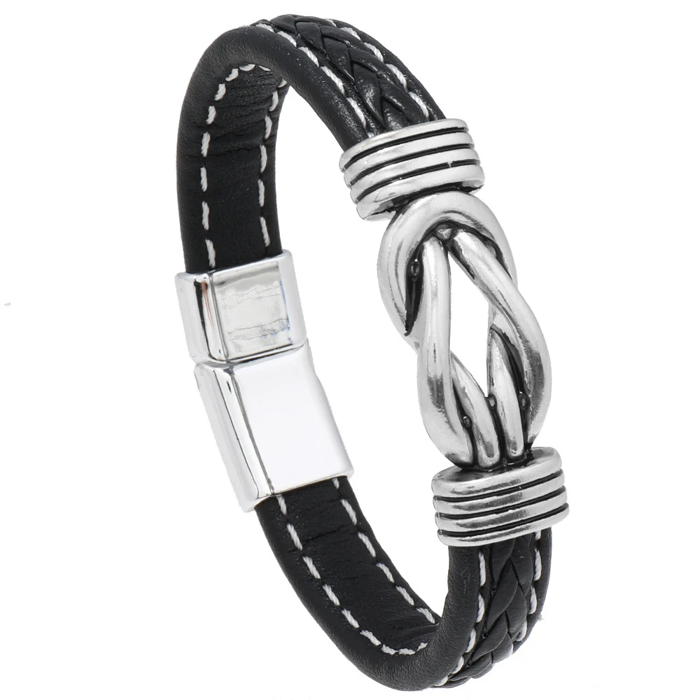 Luxury Leather Infinity Symbol Mens Bracelet Stainless Steel Buckle Couple Bangles Jewelry Wholesale New Year Men Gift