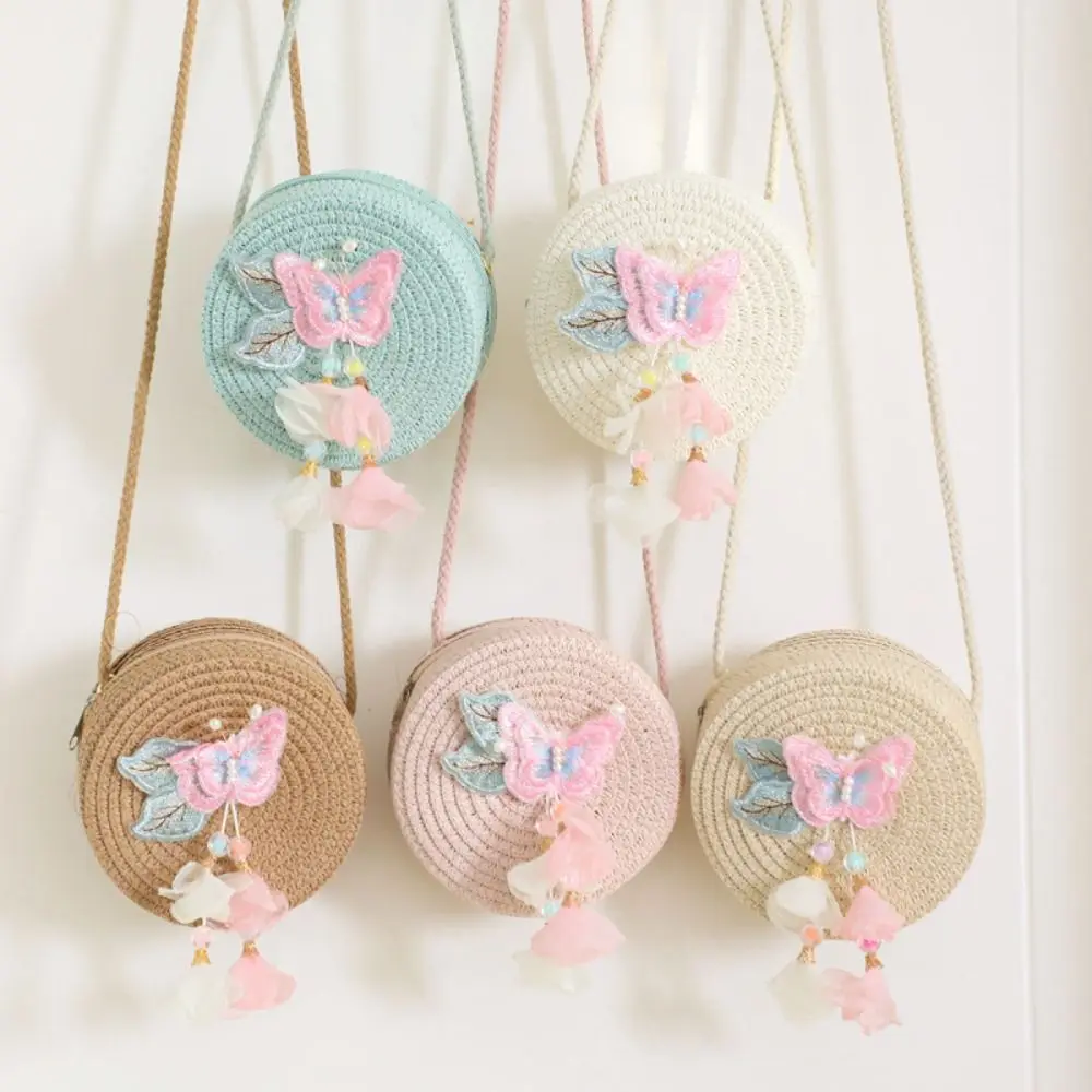 High Quality Round Straw Shoulder Bags Butterfly Woven Coin Purse Lightweight Crossbody Bag Travel