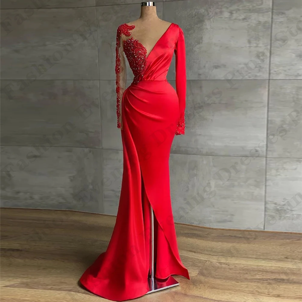 

Elegant Luxurious Party Evening Dresses For Women Fashion Sexy Deep V-neck Long Sleeves High Slit Beautiful Mopping Prom Gowns