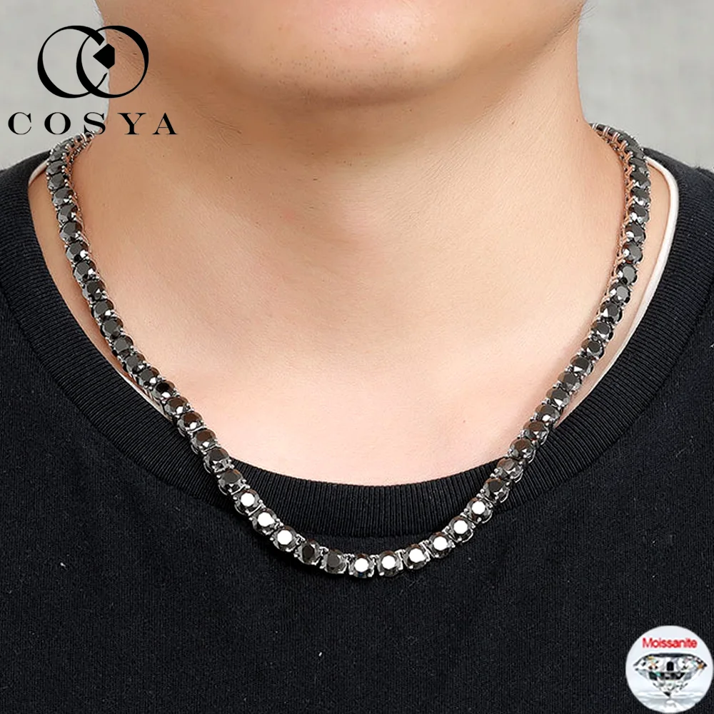 

COSYA 3/4/5/6.5mm Black Moissanite Tennis Necklace S925 Silver For Men Women High Quality Lab Diamond Neckchain HipHop Jewelry
