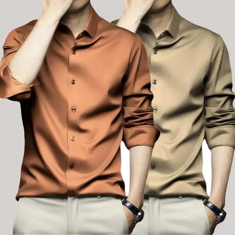 Orange X6XL Men's Long Sleeve Shirt  Anti-Wrinkle Thickened Fleece  Collar Autumn Fashion Casual Business Shirt