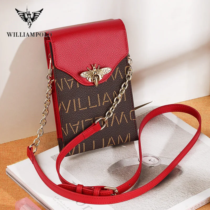 WILLIAMPOLO Women\'s Wallet Shoulder Mini Leather Bags Straps Mobile Phone Big Card Holders Wallet Handbag Money Pockets Girls