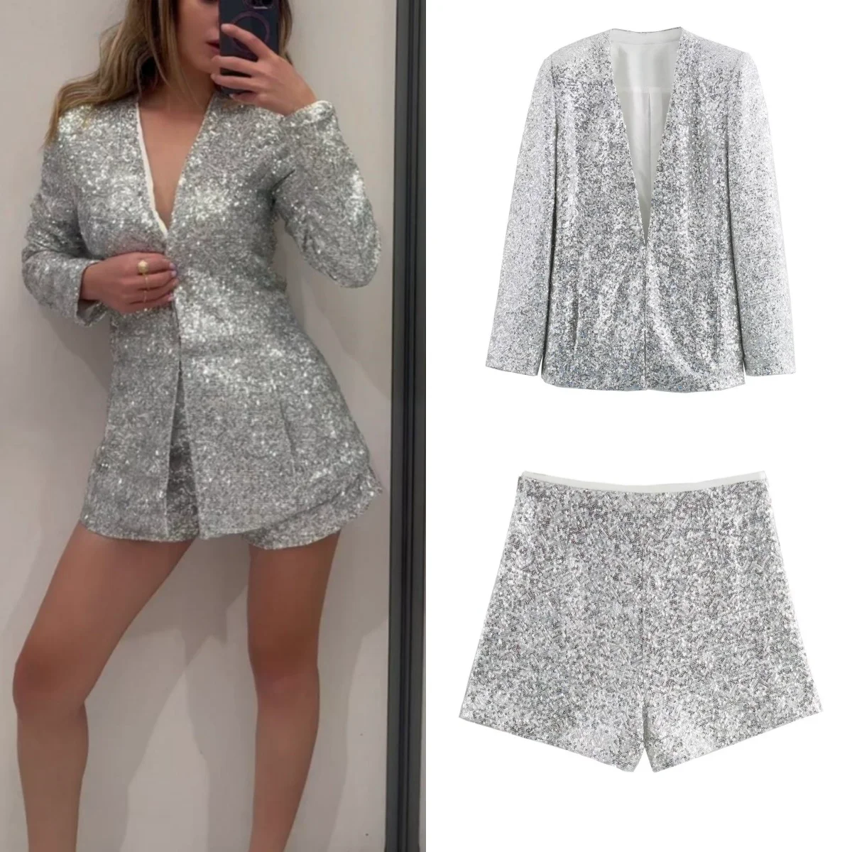 Women\'s Chic V Neck Long Sleeve Silver Sequin Jacket Coat Casual High Waist Zipper Shorts 2 Piece Set Streetwear 2024Summer