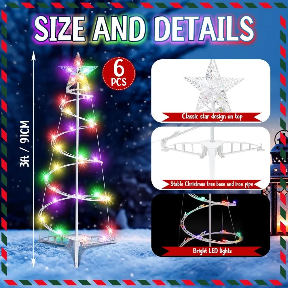 6 Pcs 3 Ft LED Spiral Christmas Tree Outdoor Lighted Christmas Decoration Light up Xmas Cone Tree with Topper Star.