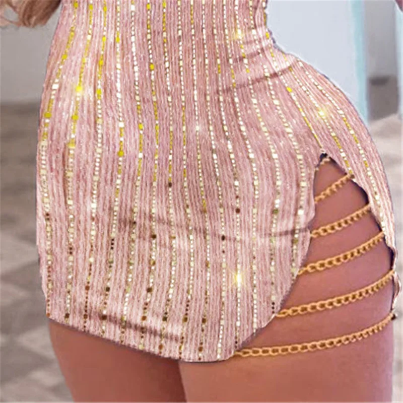 Summer New Women's Sequins Chain Strap Ladder Cutout Bodycon Mini Slim Short Dress Party Club Sexy Ladies Slim Shining Clothing