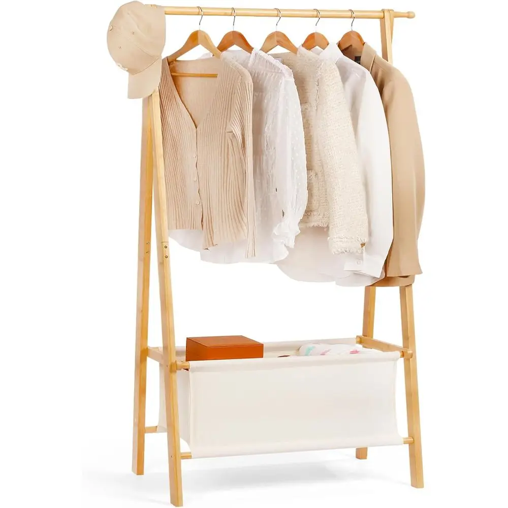 

Bamboo Clothes Rack with Storage Box, Portable Extra Large Garment Rack, Collapsible Wardrobe or Entryway and Bedroom