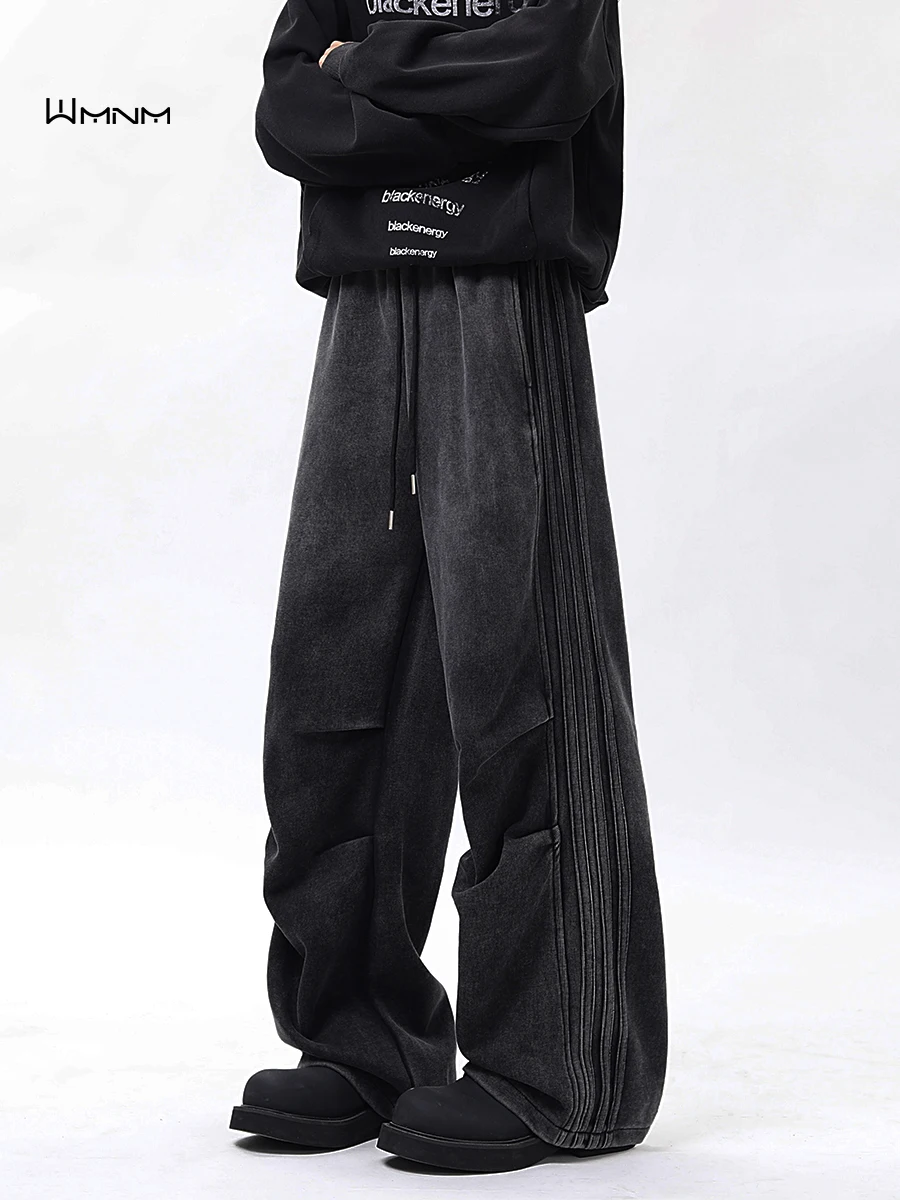 Wmnm Men's Washed American Retro Three Bars Sweatpants Autumn Winter Straight Leg Wide Leg Soldier Pants Sports Casual Long T...