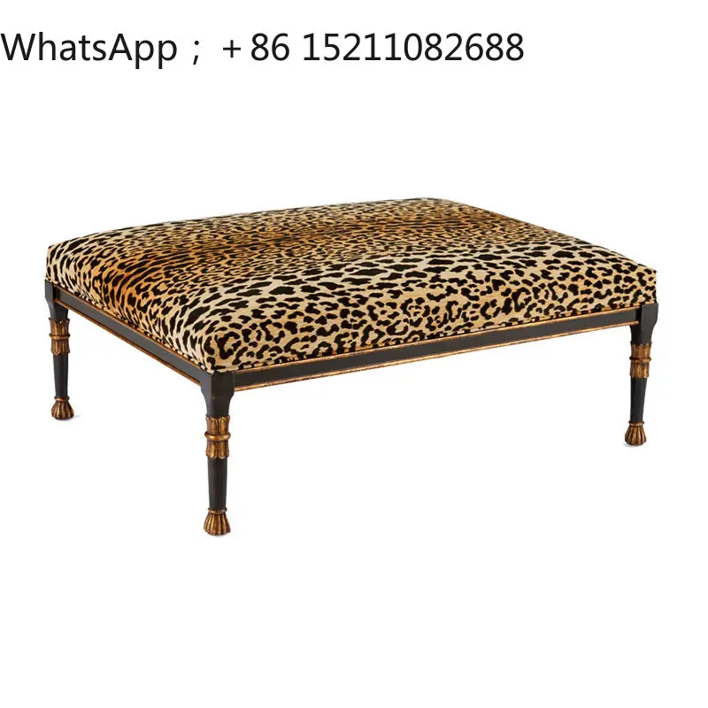 LLY solid wood shoe stool neoclassical simple gold carving leopard print fabric shoe stool art sofa stool