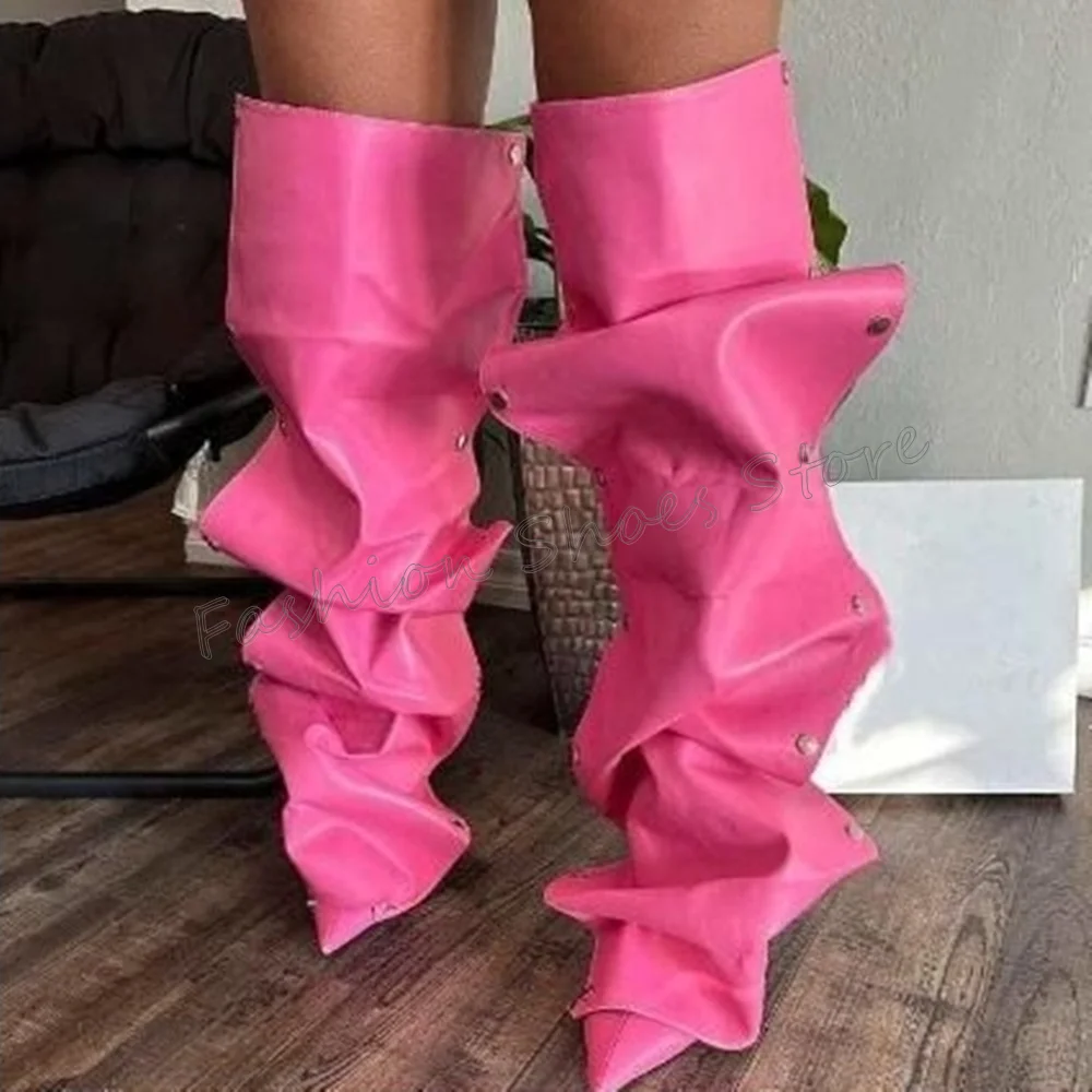 

Pink Studded Pleated Boots Mid Calf Stilettos High Heels High Heel Shoes for Women Fashion Heels 2024 New Zapatos Para Mujere