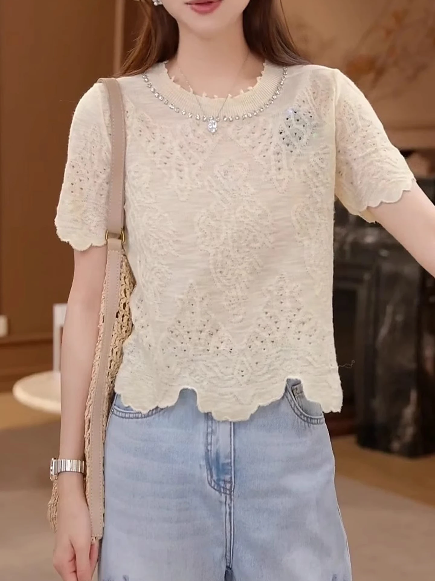 여름 레이스업 라운드넥 반팔 니트 셔츠 다이아몬드 장식 홀로우 아웃 패션 캐주얼 한국 스타일 루즈핏