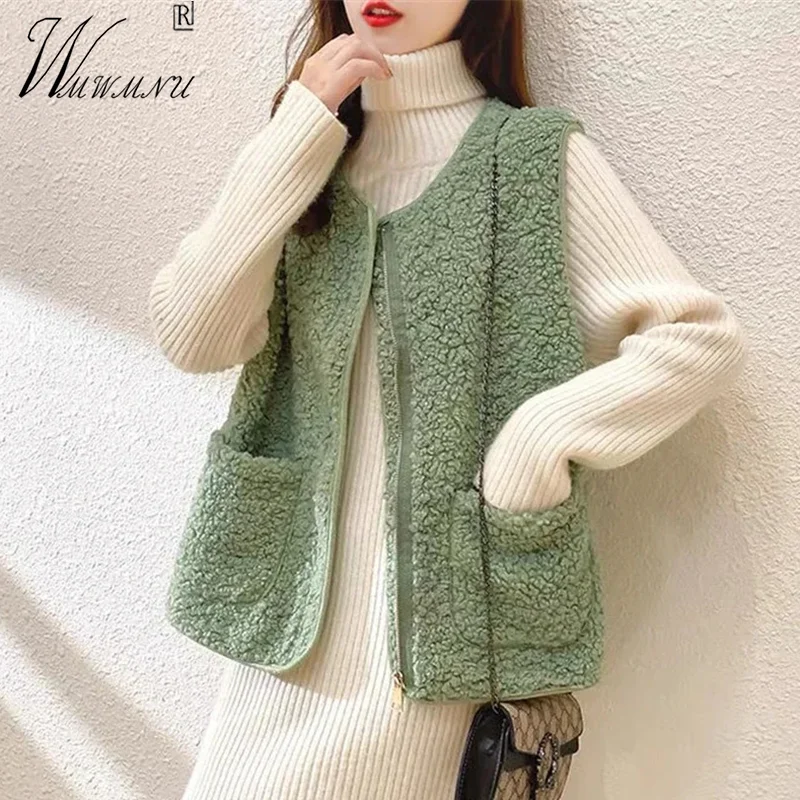 

Korean Fashion Faux Lambswool Vest Women Oversize 5xl Zipper Thick Teddy Chalecos Solid Color Casual Fleece Wool Warm Waistcoat