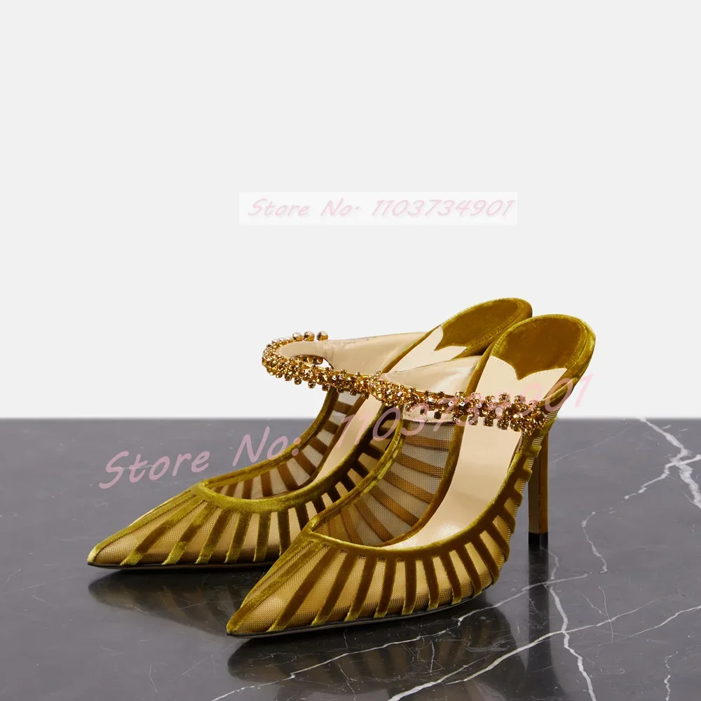 Mesh Crystals Elegant Pointed Toe Slippers Female Fashion Satin Outdoor Thin High Heels Mules Women Casual Chic Party Slippers
