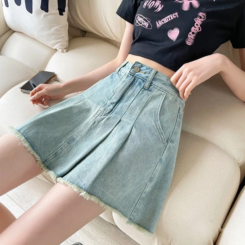 

High Waist Pleated Skirt Women's Summer Denim ort Skirt Thin Design Anti-Light f Body Skirt Ele Sle