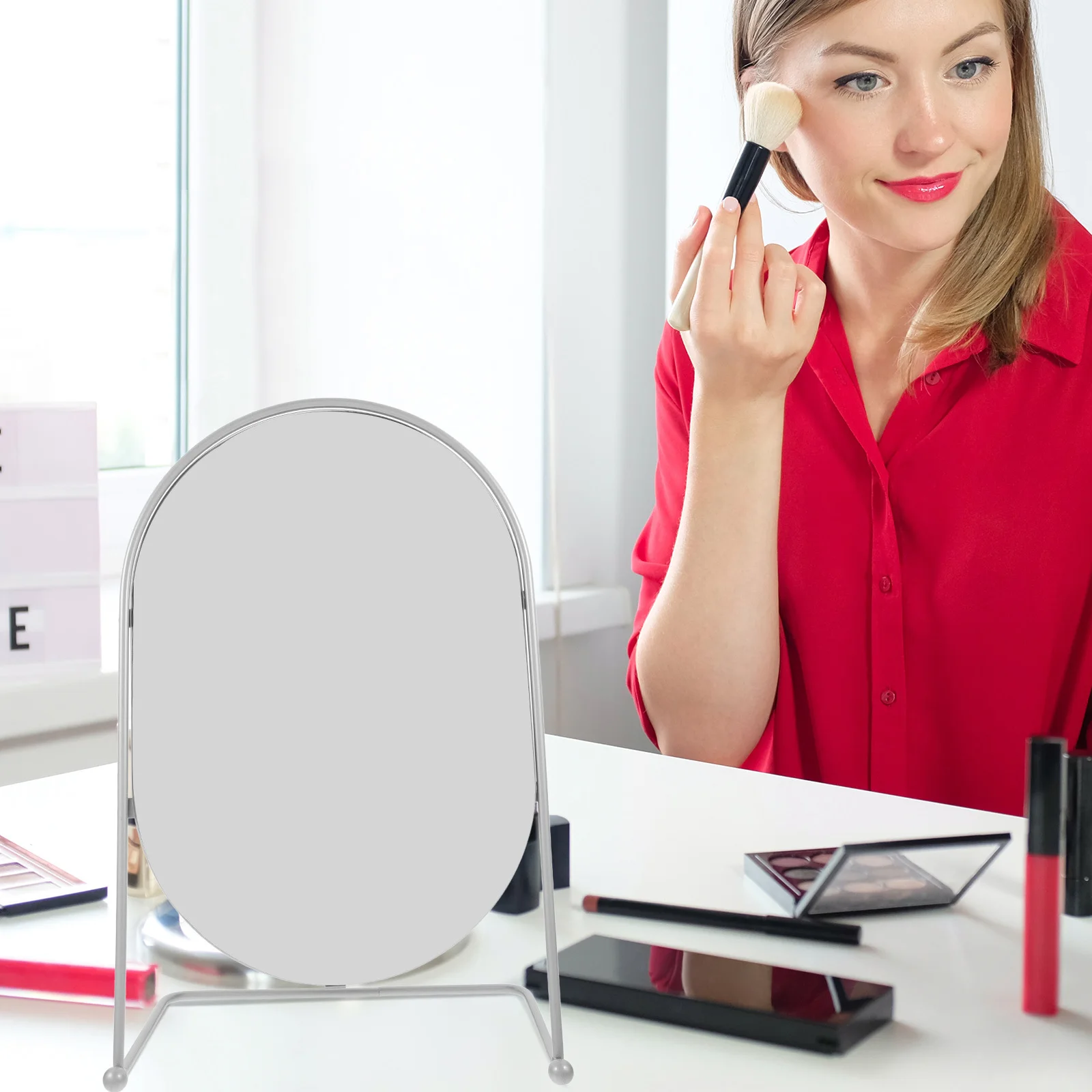 مرآة مكياج مقاس 13 بوصة مع حامل بإطار معدني ذهبي لسطح المكتب مرآة زينة بيضاوية لغرفة النوم وغرفة المعيشة وديكور سطح الطاولة #1