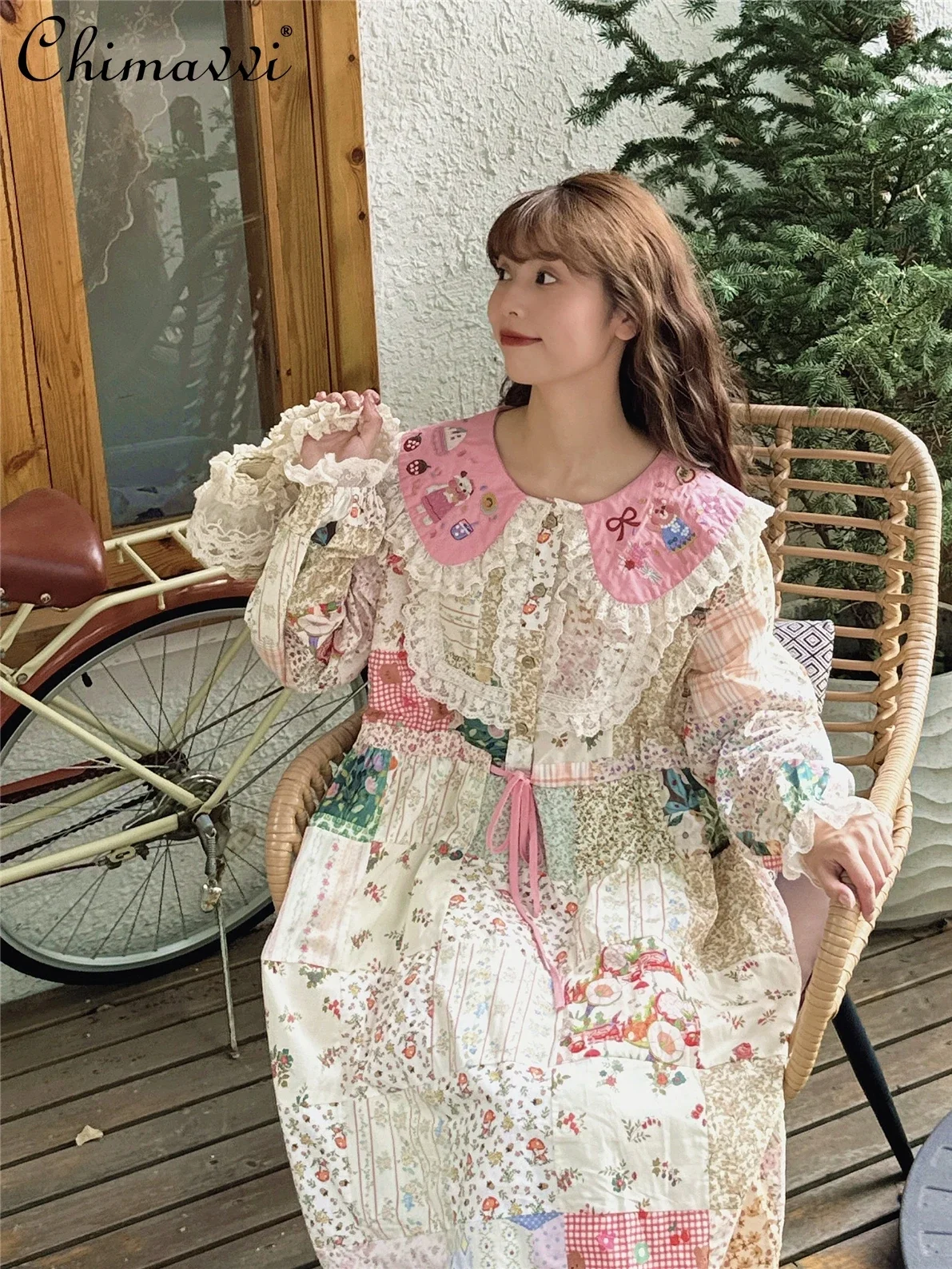 Mori Sweet Girl Pink Embroidered Doll Collar Patchwork Dress Autumn New Pastoral Style Floral Vintage Heavy Long Dresses Women