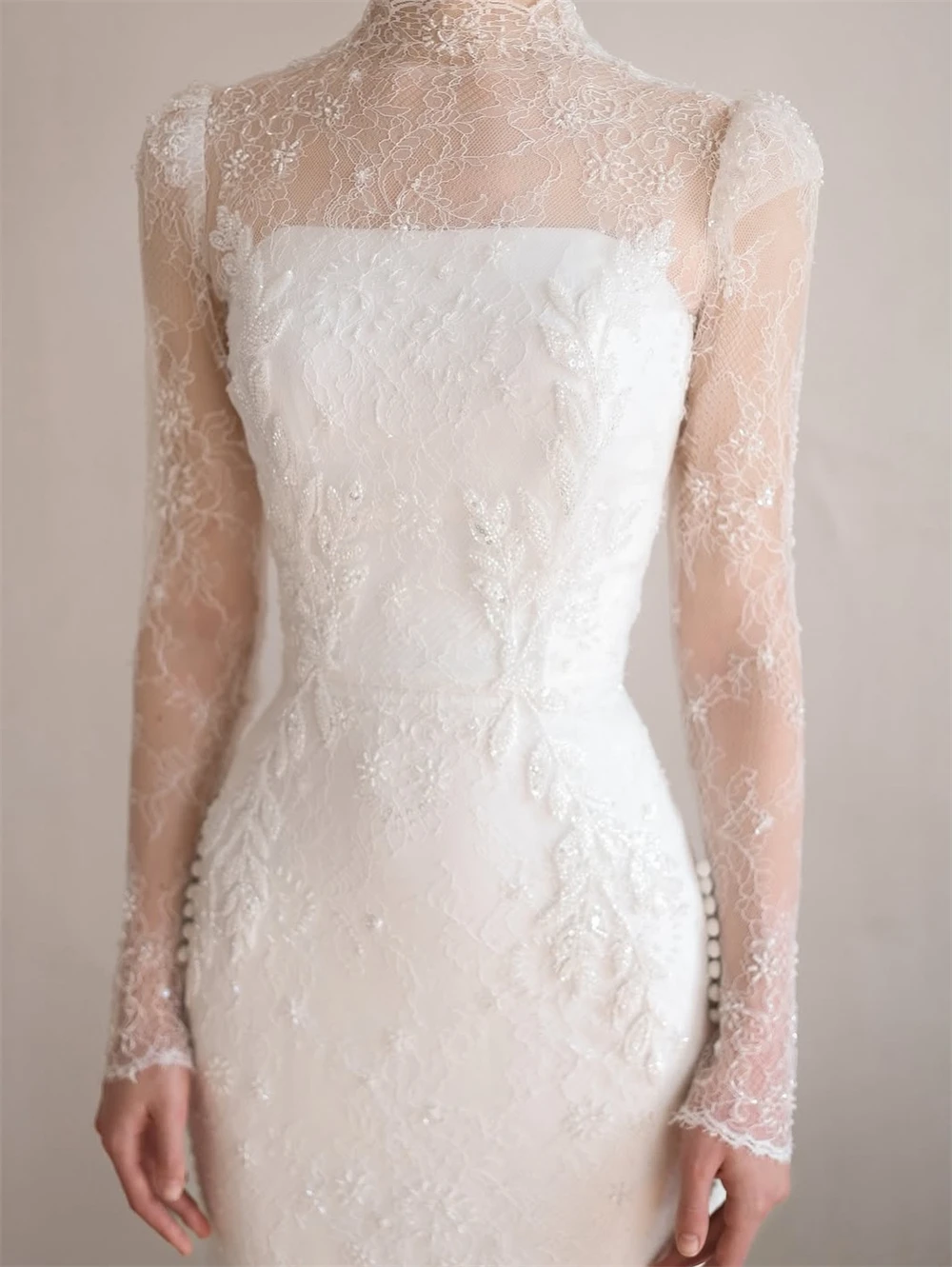 

Customized Elegant White Organza Wedding Dress Formal O-Neck Long Sleeves Bridal Gowns Boho Mermaid Court Train Robe de mariée