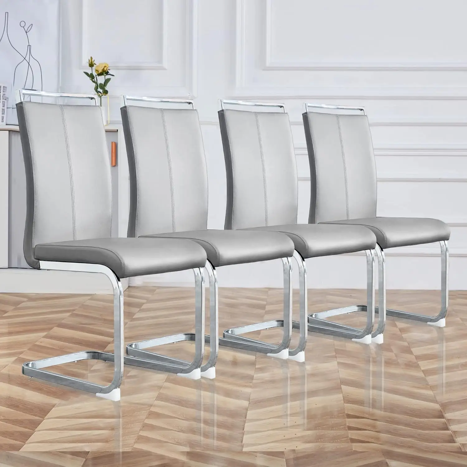 Dining Chairs Set Kitchen Modern Metal Chairs with Faux Leather Padded Seat High Back and Sturdy Chrome Legs Set of 4