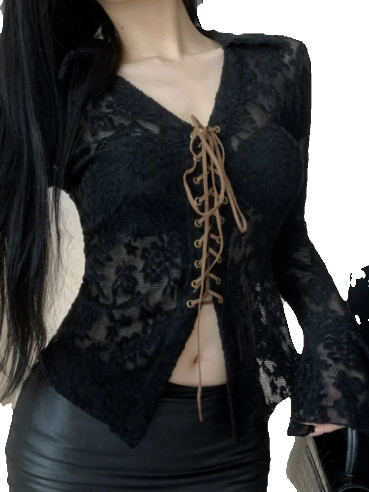 France Elegant Flare Sleeve Tops Women Fashion Y2k V Neck Solid Base Shirt Female Design Sexy Lace Up Single Piece Top New