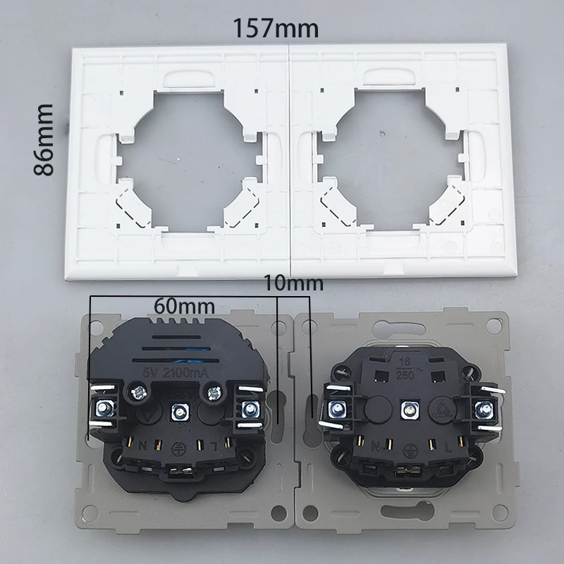 Round Back Euro 156*86mm Glass PC Panel Wall Socket with USB EU 2gang Power Outlet 16A Electrical Plug Grounded Double SocketS