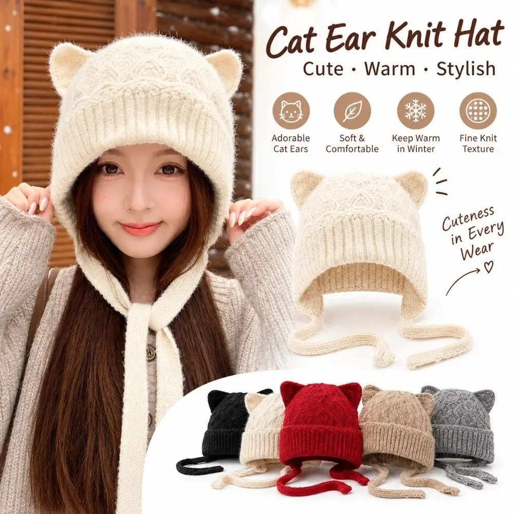 Windproof Cat Ear Knit Hat Warm Knitted Skin Friendly Soft Beanie Stretchy Fit 3D Cat Ear Head Cover Cold Weather Daily Wear