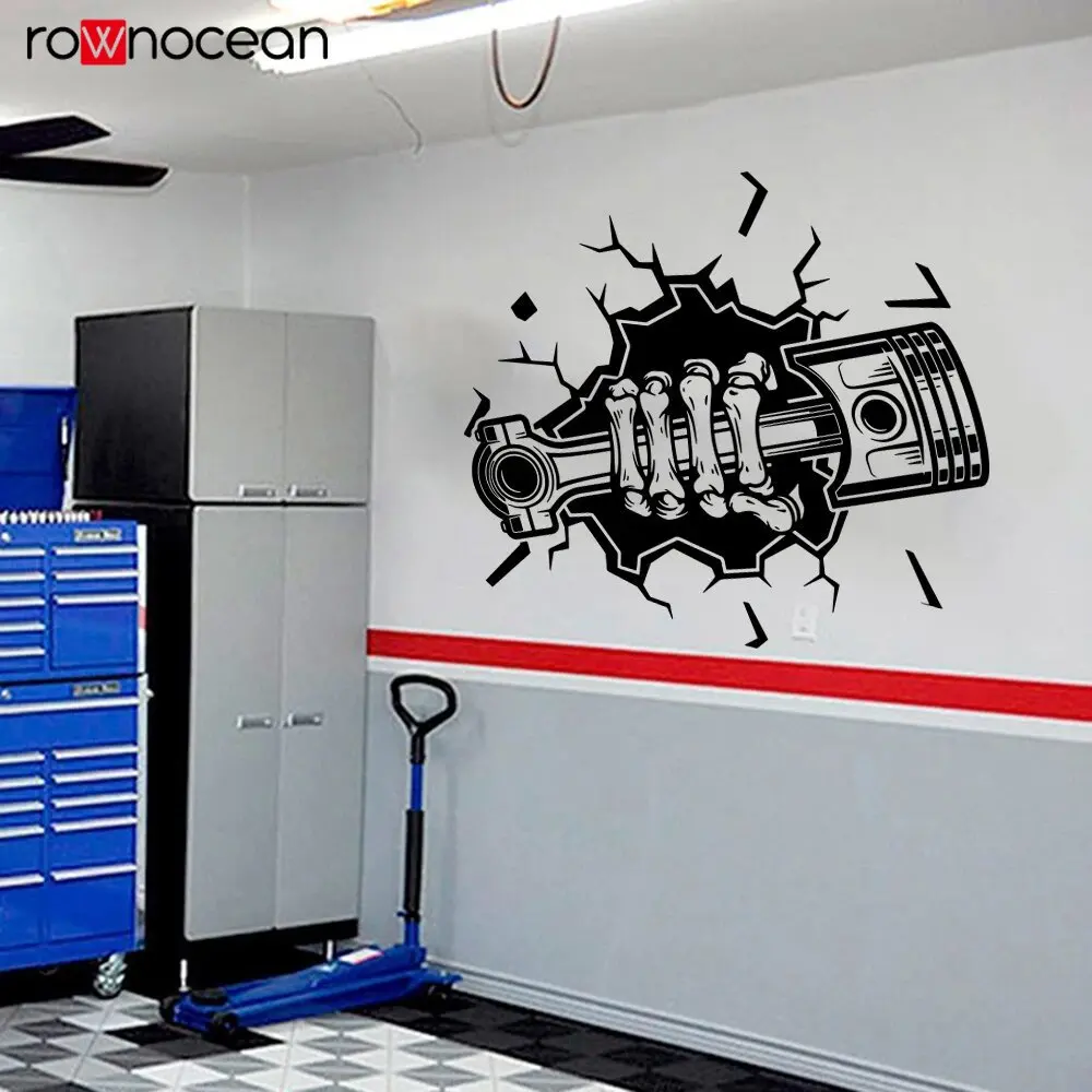 Repair Service Mechanic Auto Part Wall Sticker Modern Smash Skeleton Piston Mechanic Garage Wall Decal Man Cave Home Decor E988