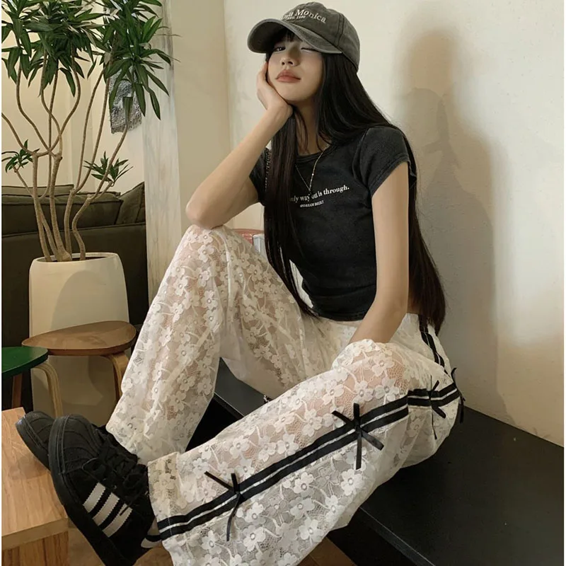 

Spring And Summer New Women's Dress Design Feels Printed With Three-Dimensional Bow Side White Lace Bow High Waist Casual Pants