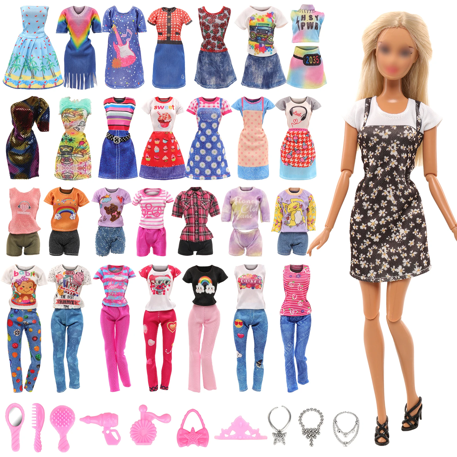 Barwa 18 Pcs Doll Clothes and Accessories 4 Fashion Dresses 4 Sets Casual Outfits Tops and Shorts 10 Bag Crown Necklace