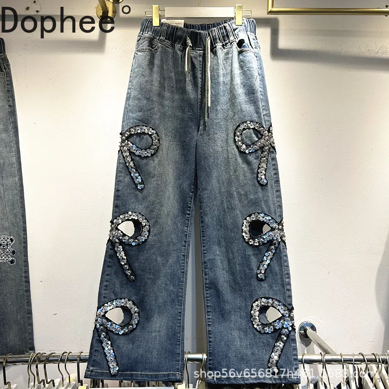 

All-match Drawstring Elastic Waist Loose Female Jeans New Spring Autumn Hollow Out Sequins Bow Wide Leg Casual Denim Pants 2025