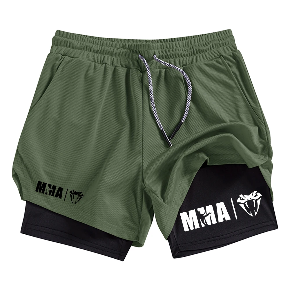 

Мужские спортивные шорты с принтом MMA, двухслойные, быстросохнущие и дышащие, с петлями для полотенца и карманами на молнии.