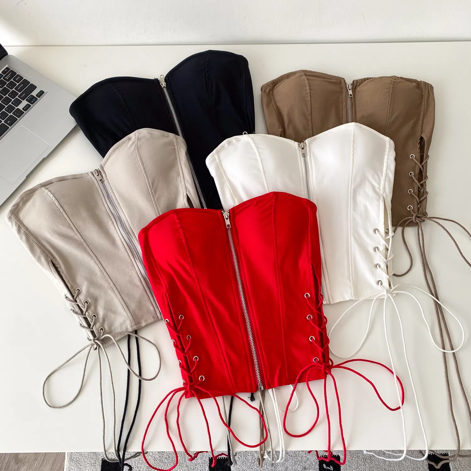 Women Solid Bodice Drawstring Tanks Tops Sleeveless Zipper Slight Strech Thin Slim Fit Sexy Office Lady Casual 2026 Summer