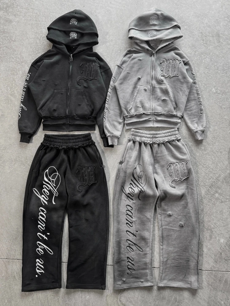 2 pçs outerwear co-ords y2k carta moletom angustiado retalhos bordado capuz duplo agasalho streetwear unisex conjunto baggy