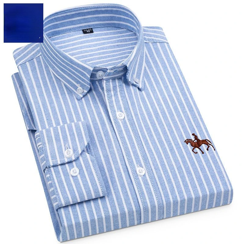 100% Cotton Casual Shirts for Men Classic Oxford Long-Sleeve Striped Shirt Ideal for Spring and Autumn