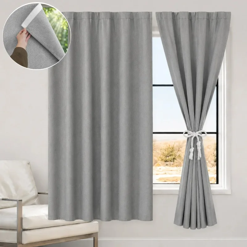 1 Pc Faux Linen Blackout Curtain Hook And Loop No Drill Window Cover Thermal Insulation Privacy Fabric Curtains For Home