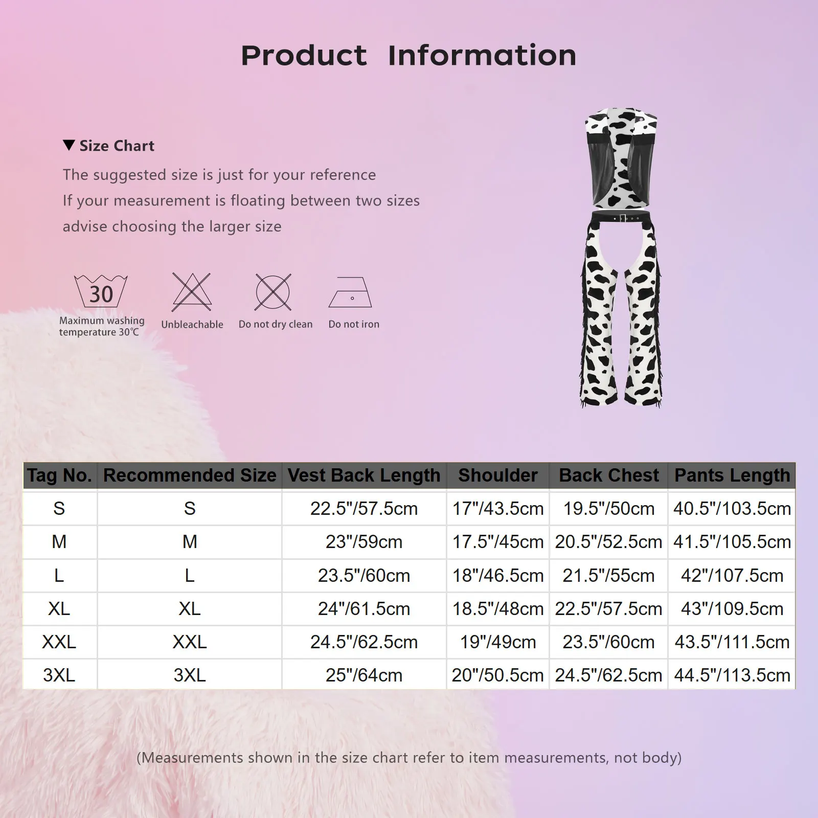 남성용 서부 카우보이 조끼와 차프스 바지, 탱크탑과 크로치 부분이 비어있는 긴 바지, 소 무늬 패턴 세트, 할로윈 파티용