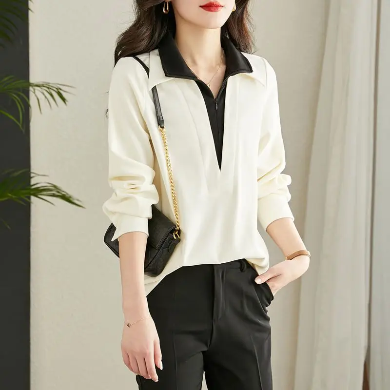 Fashion Lapel Zipper Spliced Fake Two Pieces Blouses Women\'s Clothing 2024 Autumn New Loose All-match Tops Chic Shirts