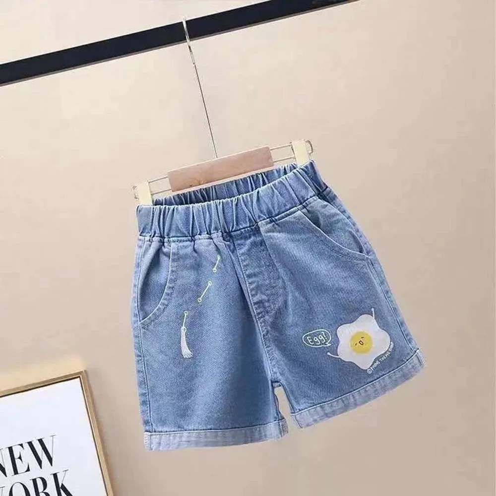 New Summer Fashion Clothing Infant Baby Girls Shorts Jeans High Waist Elastic Love Printing Denim Shorts for Teenager Girls